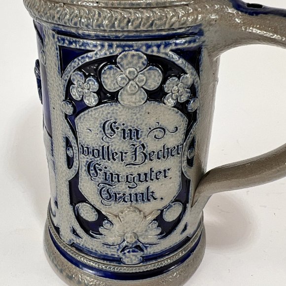 Vtg German Stein Beer Mug Cobalt Blue Grey Salt Glazed 16 oz Embossed Rustic 90s - Picture 6 of 13